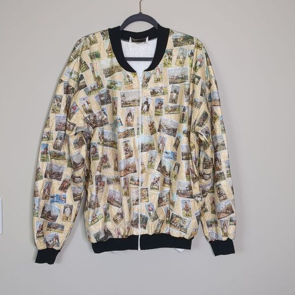Vintage 90s Equestrian Print Bomber Jacket Hunt Print Riding Horses, Sz XL - Picture 1 of 9